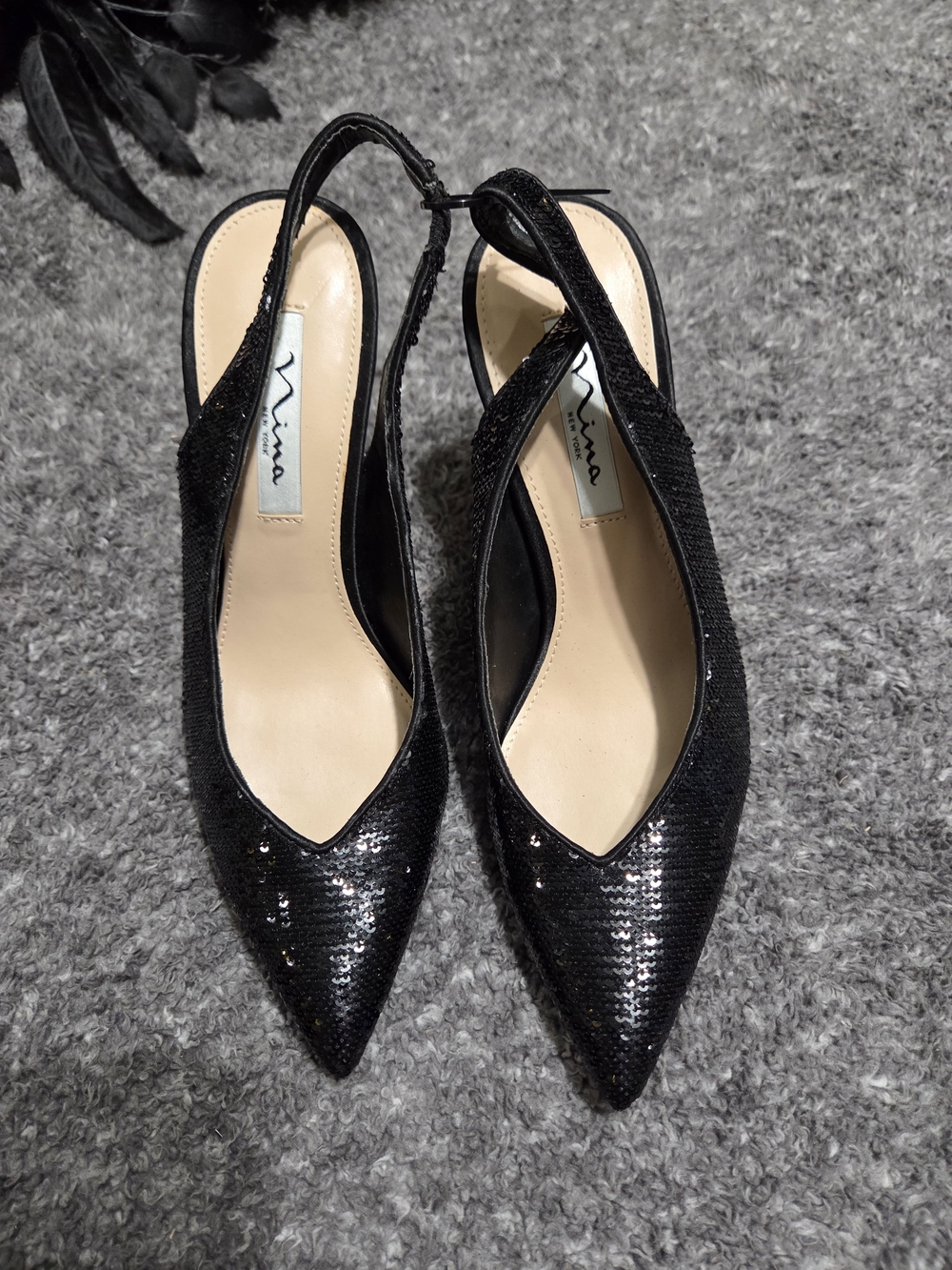 Nina Black Sequin Pointed Slingback Heels